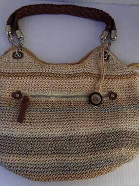 The Sak Crochet Bag Purse Tan Brown Stripe Logo Attachment 10.5 x 15